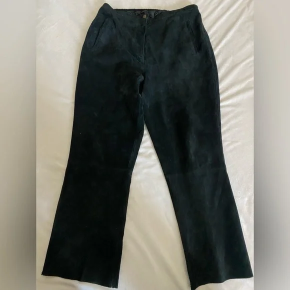 Women Black wide leg suede pants, Handmade sz 8-10, relaxed fit, front pockets - Picture 7 of 9